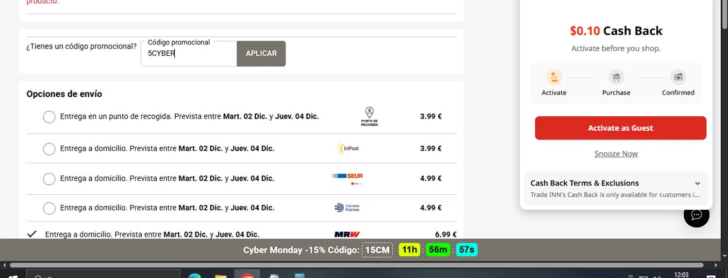 SwimINN promo code screenshot showing code 5CYBER applied at SwimINN checkout page. Uploaded by SimplyCodes community member josegarcia6 on Dec 1, 2025