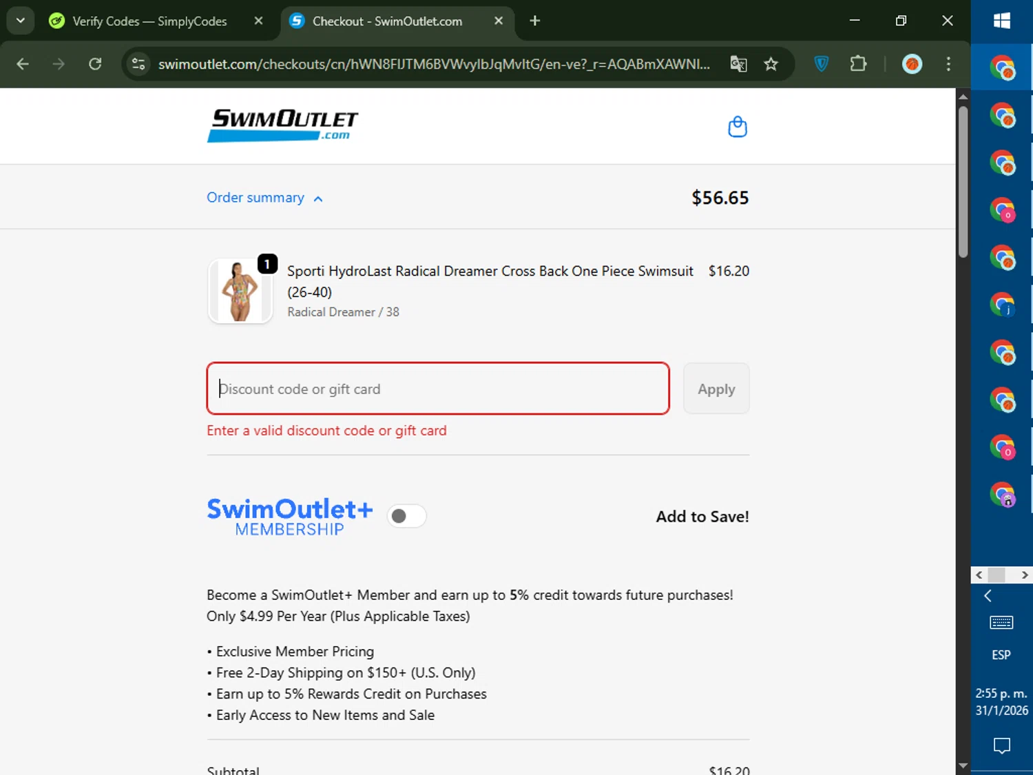 Swim Outlet promo code screenshot showing code J4T4MQ applied at Swim Outlet checkout page. Uploaded by SimplyCodes community member DealTiger9869 on Jan 31, 2026