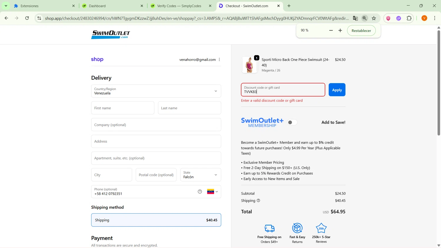 Swim Outlet promo code screenshot showing code TVVK83 applied at Swim Outlet checkout page. Uploaded by SimplyCodes community member ExtraordinarySaver9637 on Jan 11, 2026