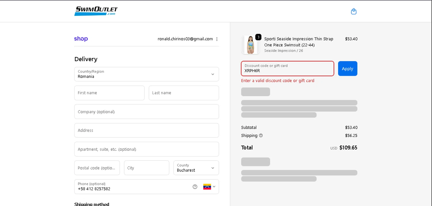 Swim Outlet promo code screenshot showing code XRPH6R applied at Swim Outlet checkout page. Uploaded by SimplyCodes community member CrownAce9258 on Jan 11, 2026