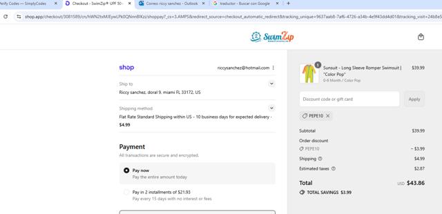 SwimZip checkout page showing SwimZip discount code box | Screenshot taken by SimplyCodes community member on Sep 12, 2025
