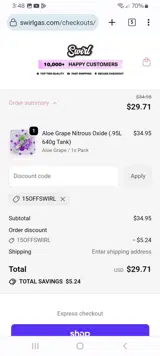 15OFFSWIRL coupon verification screenshot