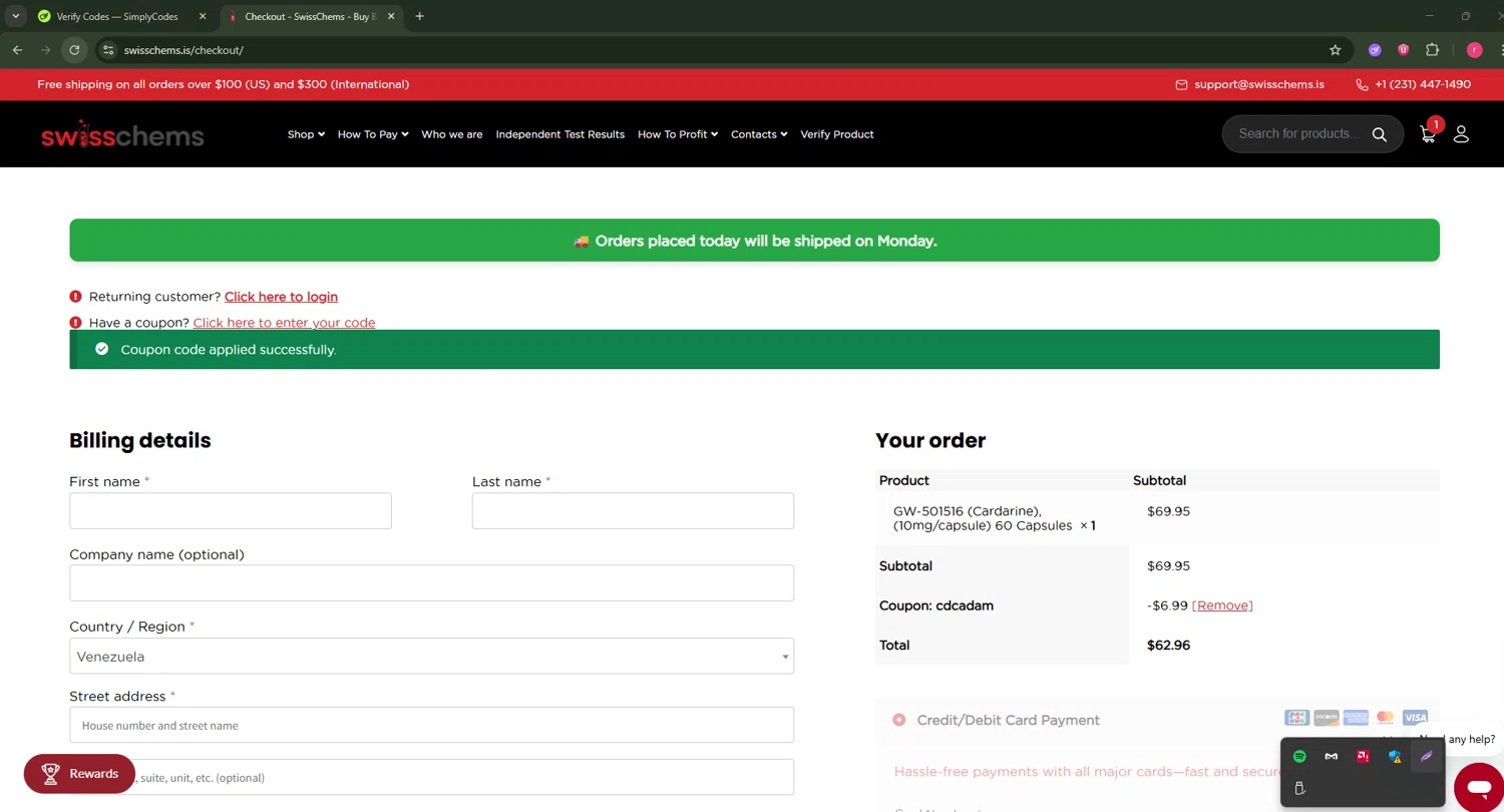 SwissChems coupon code screenshot showing code CDCADAM applied at SwissChems checkout page. Uploaded by SimplyCodes community member CouponSage7331 on Jul 20, 2025