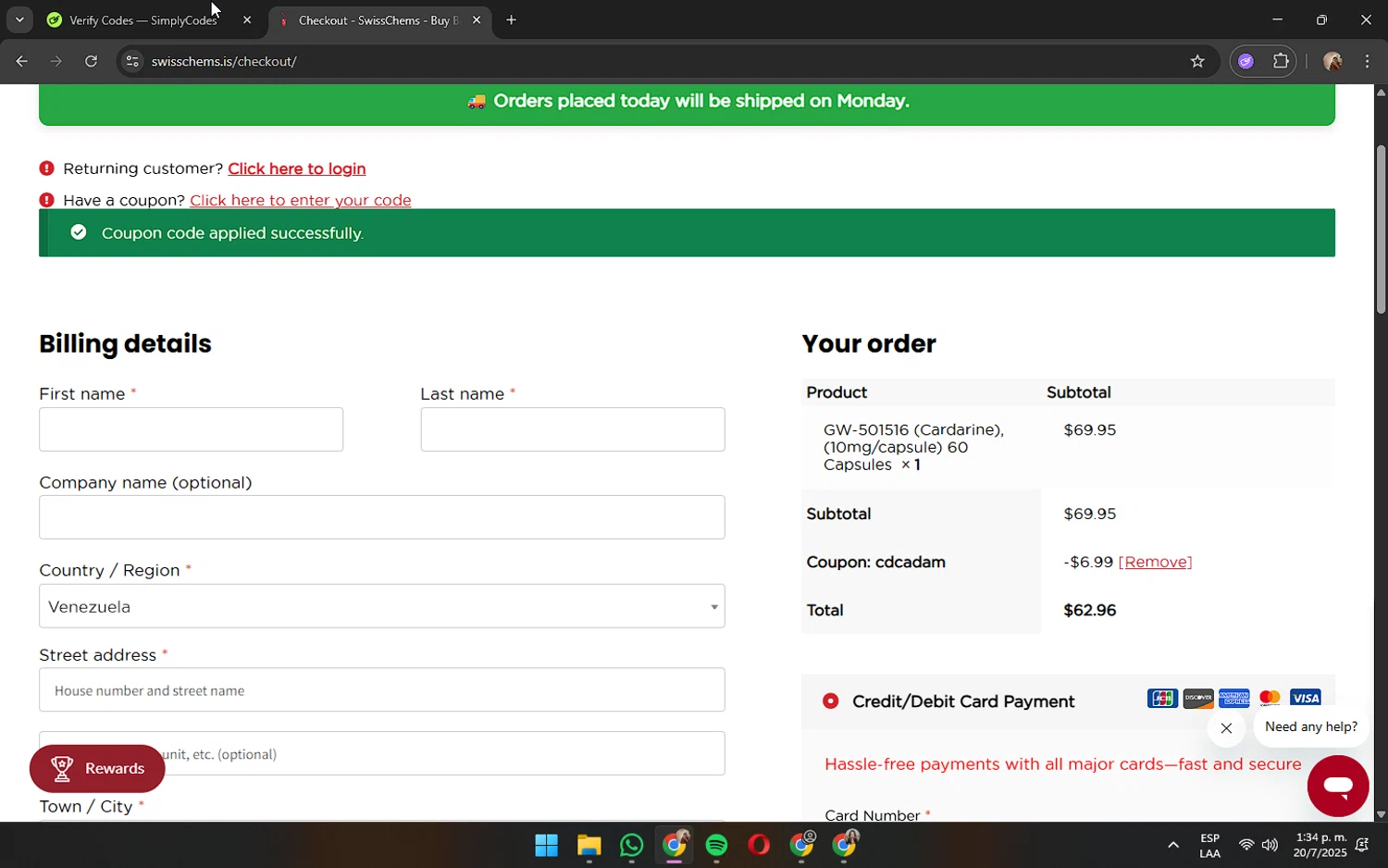 SwissChems coupon code screenshot showing code CDCADAM applied at SwissChems checkout page. Uploaded by SimplyCodes community member JennaOrtega on Jul 20, 2025
