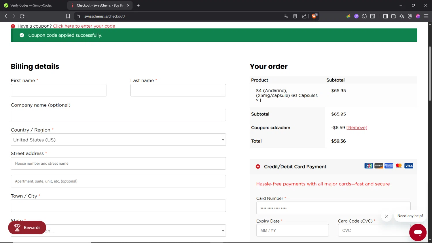 SwissChems coupon code screenshot showing code CDCADAM applied at SwissChems checkout page. Uploaded by SimplyCodes community member Morrachida04 on Jul 20, 2025