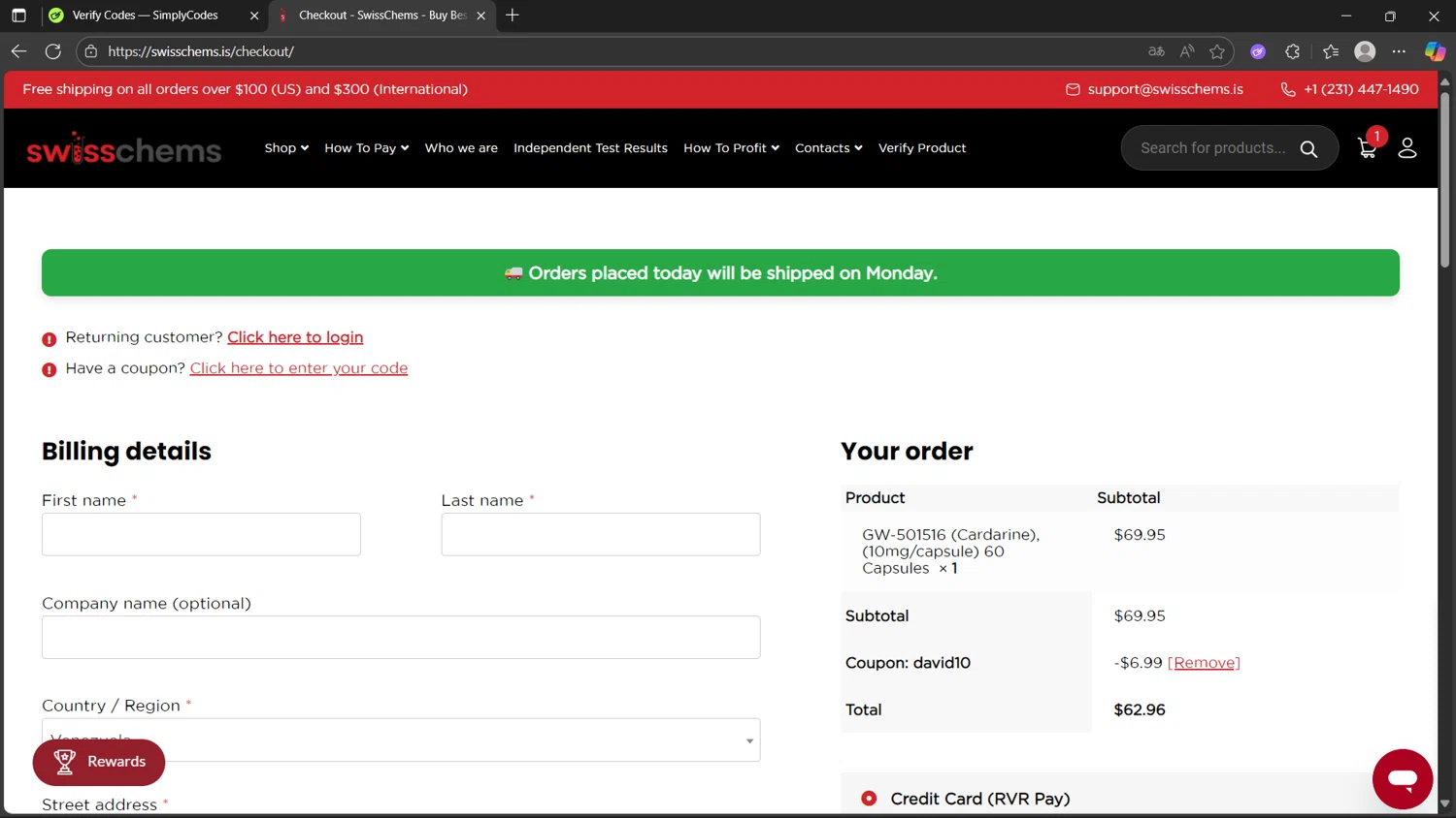 SwissChems coupon code screenshot showing code david10 applied at SwissChems checkout page. Uploaded by SimplyCodes community member Sisisiisi on Oct 18, 2025