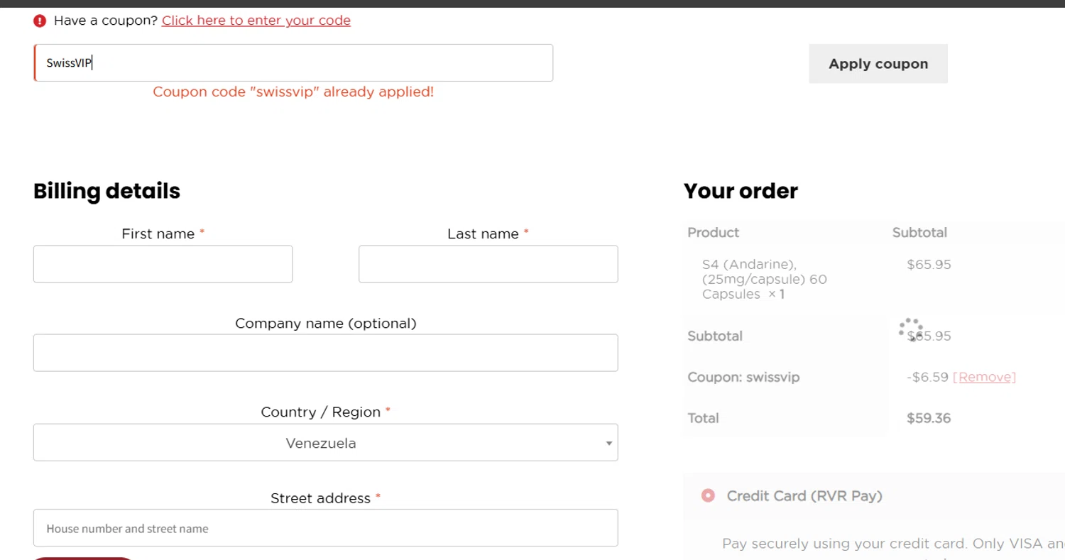 SwissChems coupon code screenshot showing code SwissVIP applied at SwissChems checkout page. Uploaded by SimplyCodes community member CoinHunter3841 on Jan 23, 2026