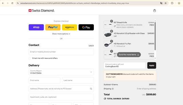 Swiss Diamond checkout page showing Swiss Diamond discount code box | Screenshot taken by SimplyCodes community member on Sep 8, 2025