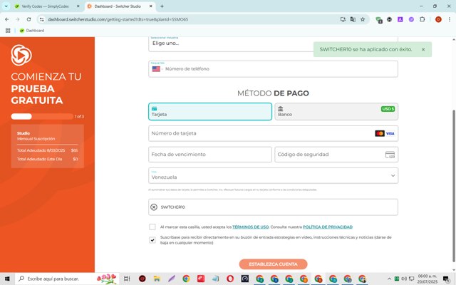 Switcher Studio checkout page showing Switcher Studio promo code box | Screenshot taken by SimplyCodes community member on Jul 20, 2025