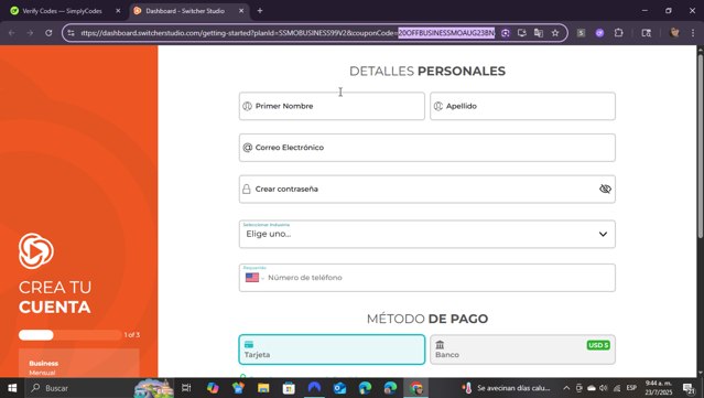 Switcher Studio checkout page showing Switcher Studio promo code box | Screenshot taken by SimplyCodes community member on Jul 23, 2025