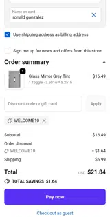 WELCOME10 coupon verification screenshot