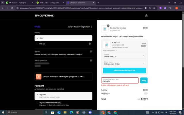 Swolverine checkout page showing Swolverine discount code box | Screenshot taken by SimplyCodes community member on Sep 10, 2025