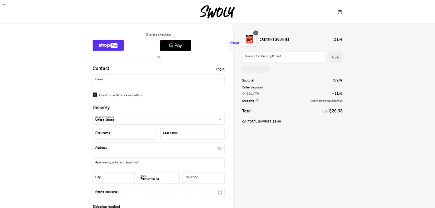 SWOLY discount code screenshot showing code Goliath applied at SWOLY checkout page. Uploaded by SimplyCodes community member ScanRanger3503 on Jan 17, 2025