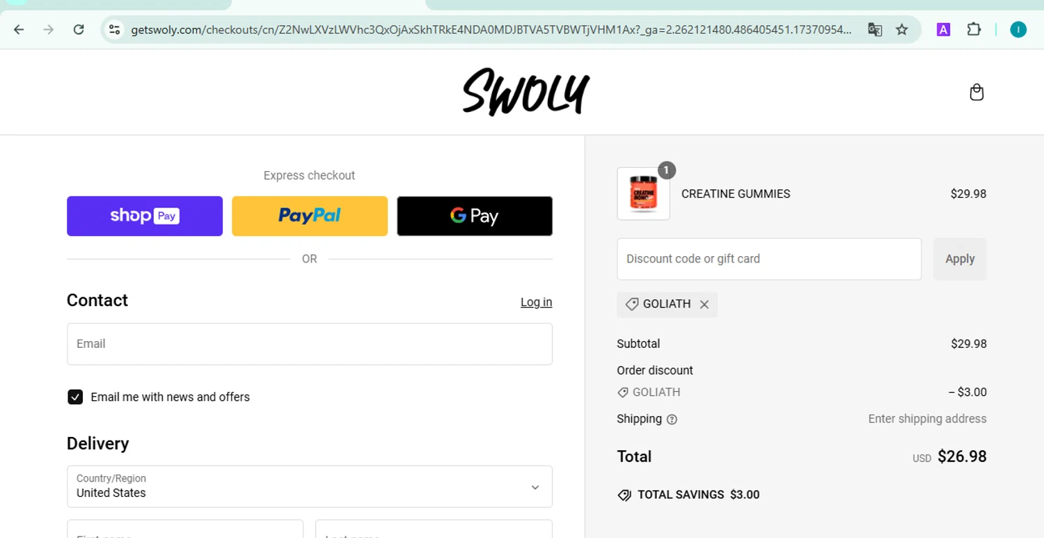 SWOLY discount code screenshot showing code Goliath applied at SWOLY checkout page. Uploaded by SimplyCodes community member NobleDefender3673 on Jan 17, 2025