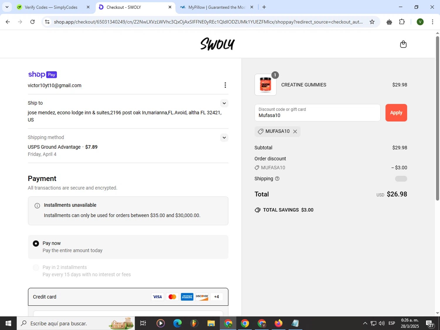 SWOLY discount code screenshot showing code Mufasa10 applied at SWOLY checkout page. Uploaded by SimplyCodes community member PrimeWizard4168 on Mar 28, 2025