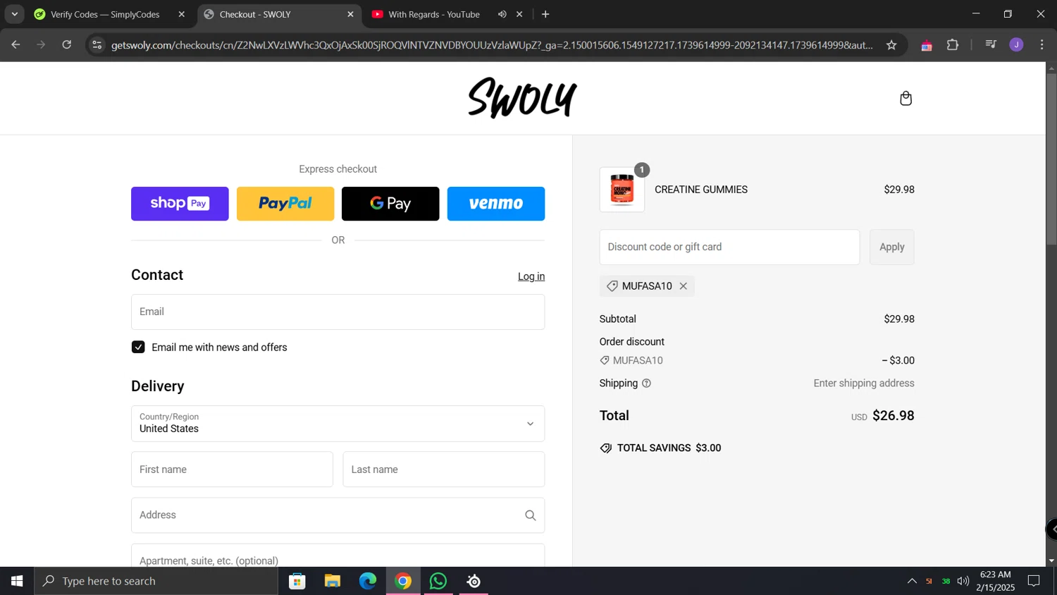 SWOLY discount code screenshot showing code Mufasa10 applied at SWOLY checkout page. Uploaded by SimplyCodes community member lunita on Feb 15, 2025