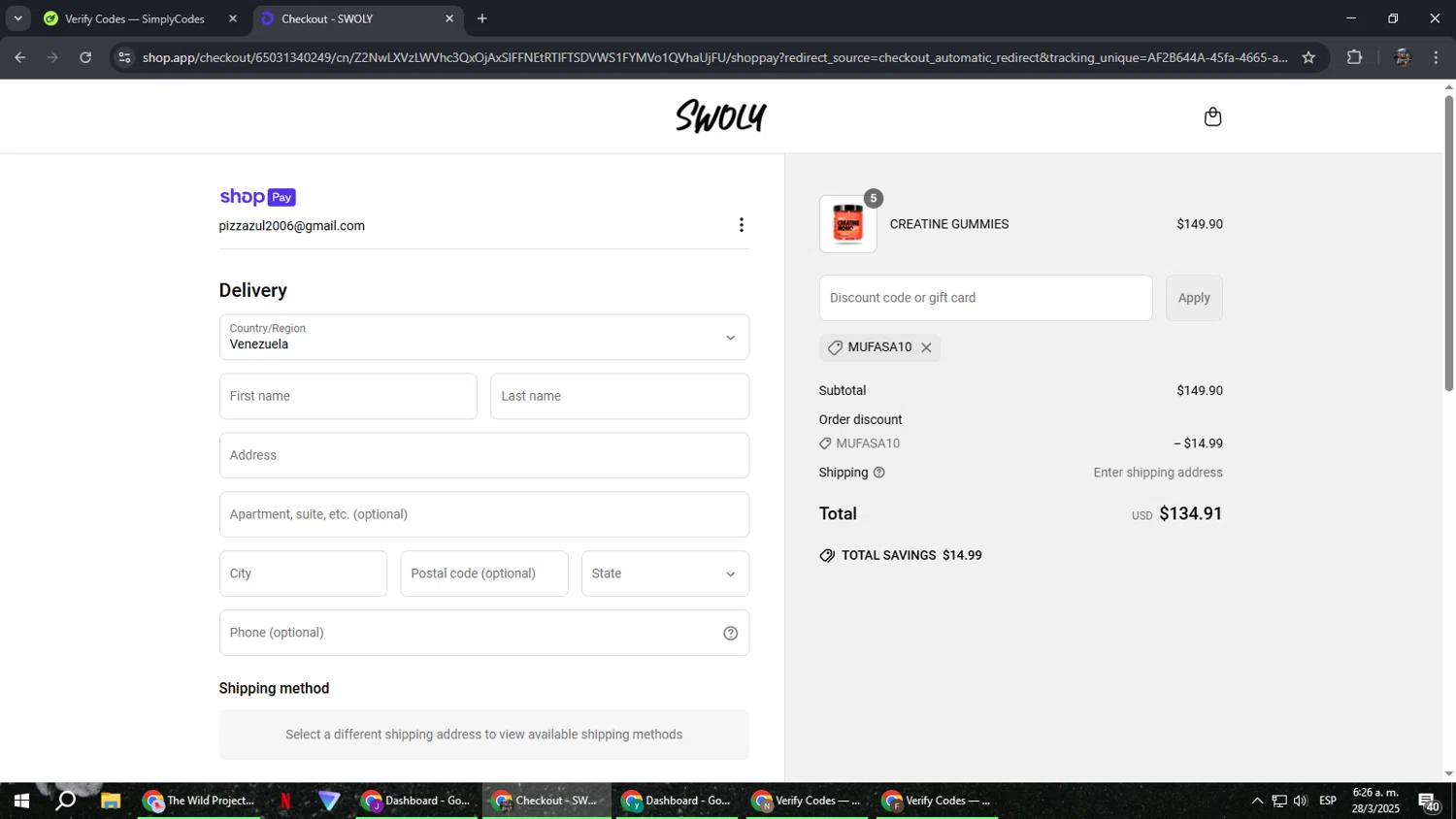 SWOLY discount code screenshot showing code Mufasa10 applied at SWOLY checkout page. Uploaded by SimplyCodes community member xxdddd on Mar 28, 2025