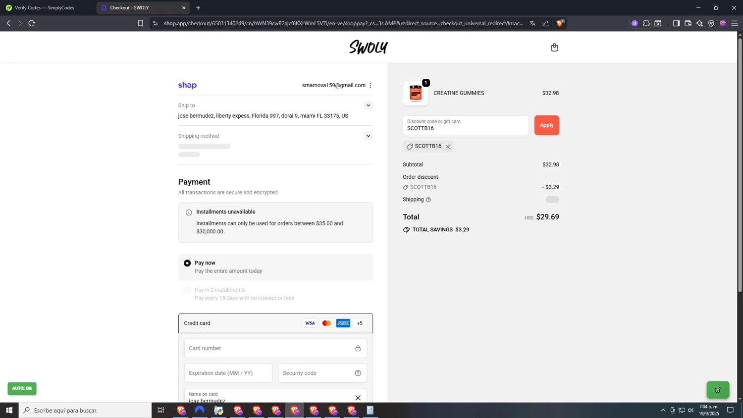 SWOLY discount code screenshot showing code SCOTTB16 applied at SWOLY checkout page. Uploaded by SimplyCodes community member VictoriousDefender7352 on Sep 19, 2025