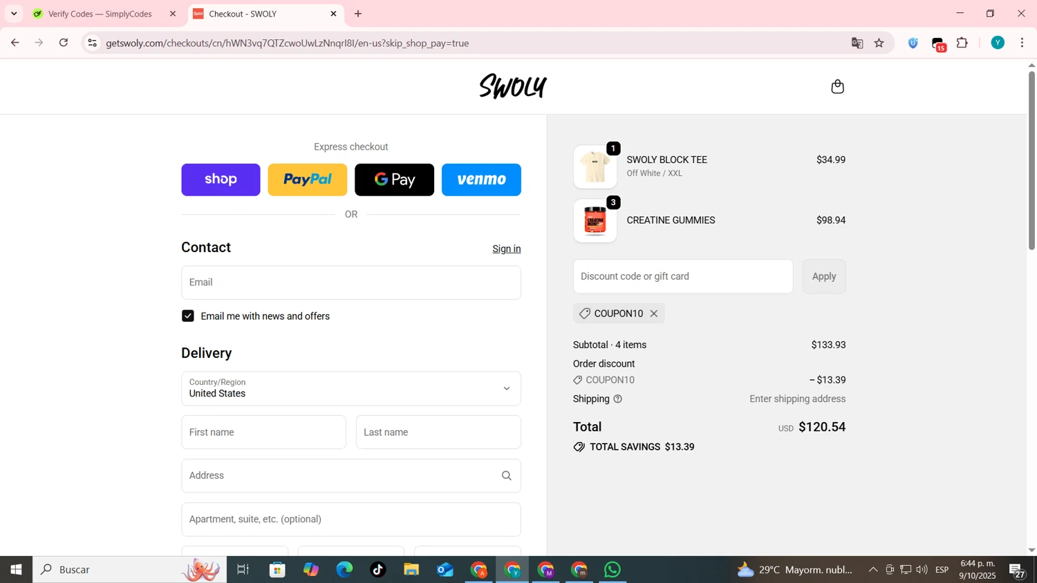 SWOLY discount code screenshot showing code COUPON10 applied at SWOLY checkout page. Uploaded by SimplyCodes community member codygakpo on Oct 9, 2025