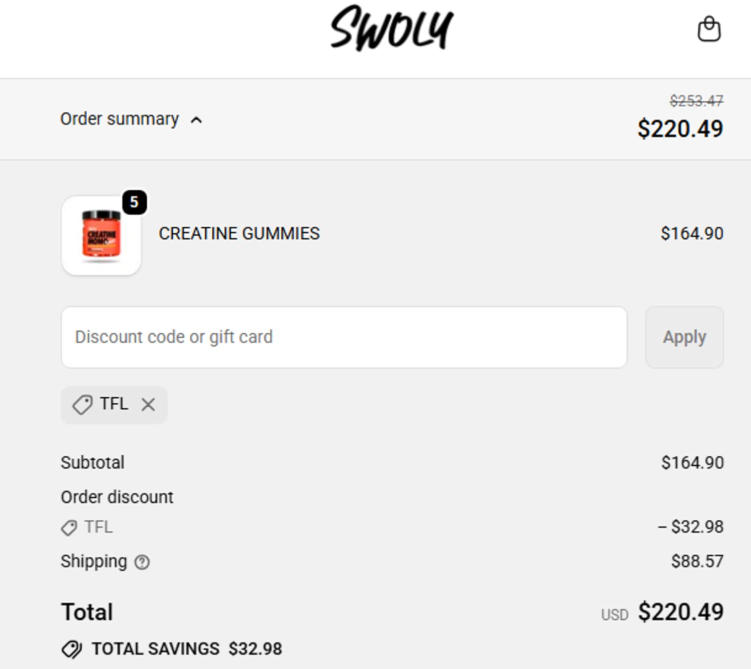 SWOLY discount code screenshot showing code TFL applied at SWOLY checkout page. Uploaded by SimplyCodes community member dadgmnsaegwr234223367igh on Oct 10, 2025