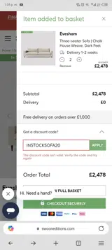 INSTOCKSOFA20 coupon verification screenshot