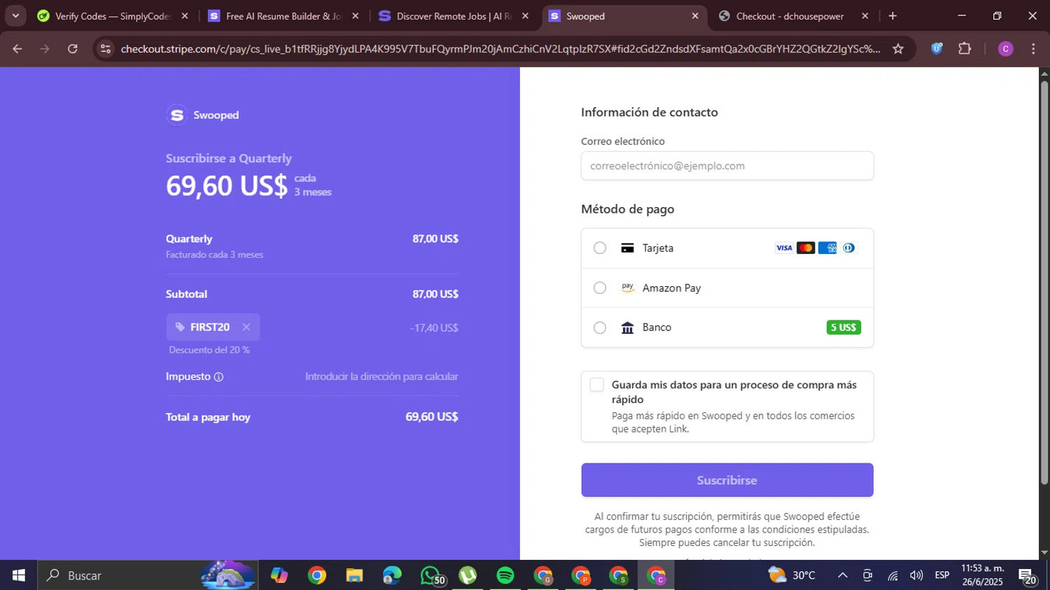 Swooped promo code screenshot showing code FIRST20 applied at Swooped checkout page. Uploaded by SimplyCodes community member FrugalPro5078 on Jun 26, 2025