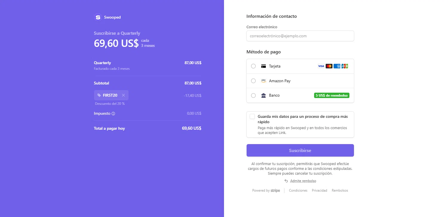 Swooped promo code screenshot showing code FIRST20 applied at Swooped checkout page. Uploaded by SimplyCodes community member dimitriv on Jul 25, 2025