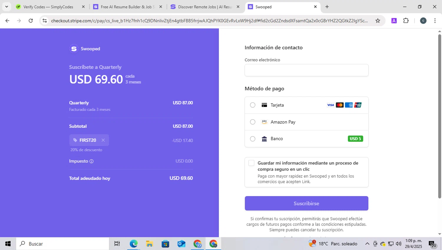 Swooped promo code screenshot showing code FIRST20 applied at Swooped checkout page. Uploaded by SimplyCodes community member SilverSeeker255 on Apr 29, 2025