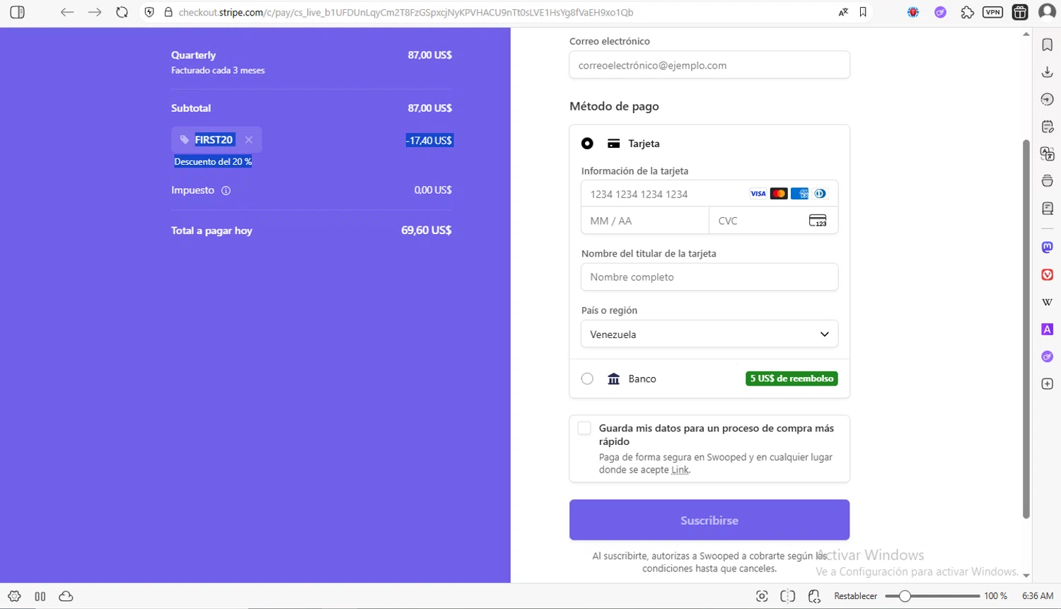 Swooped checkout page showing Swooped promo code box | Screenshot taken by SimplyCodes community member on Feb 10, 2026