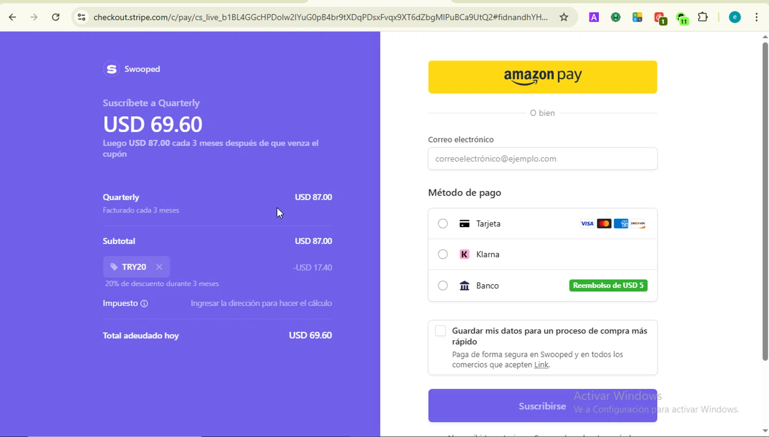 Swooped promo code screenshot showing code TRY20 applied at Swooped checkout page. Uploaded by SimplyCodes community member LOVECOUPON on Oct 2, 2025