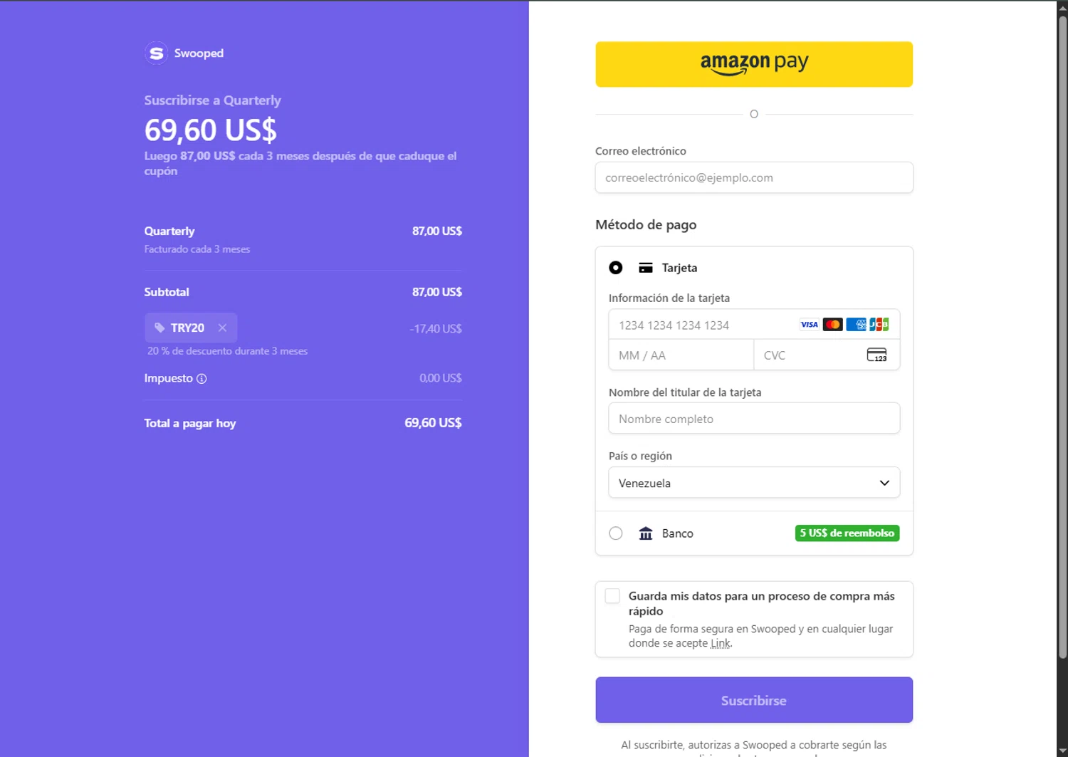 Swooped promo code screenshot showing code TRY20 applied at Swooped checkout page. Uploaded by SimplyCodes community member MagnificentFalcon188 on Oct 31, 2025