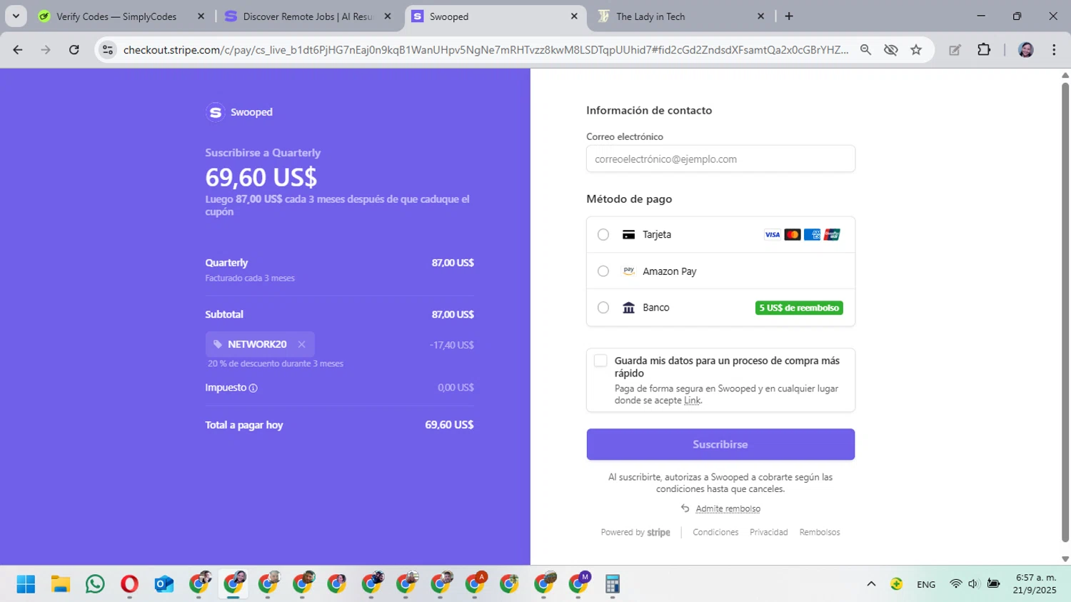 Swooped promo code screenshot showing code NETWORK20 applied at Swooped checkout page. Uploaded by SimplyCodes community member MarielisPb on Sep 21, 2025