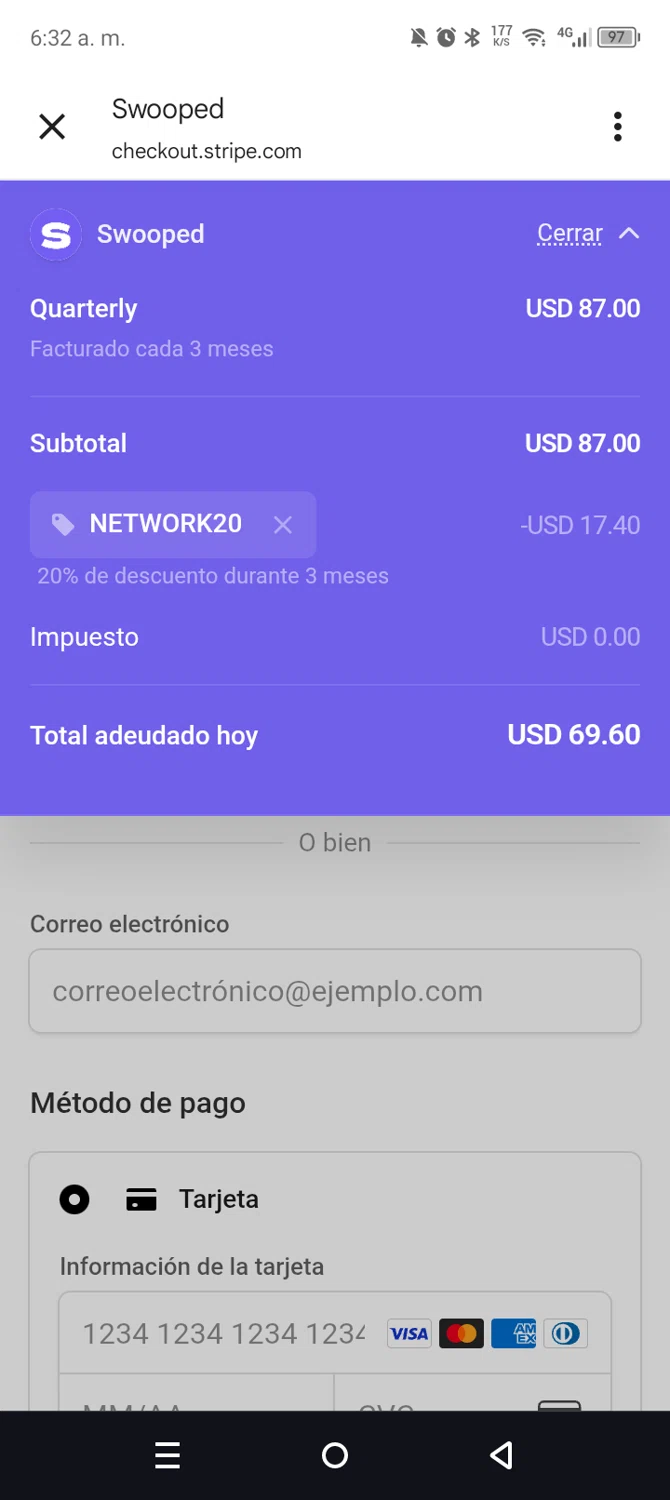 Swooped promo code screenshot showing code NETWORK20 applied at Swooped checkout page. Uploaded by SimplyCodes community member leiraM on Oct 20, 2025