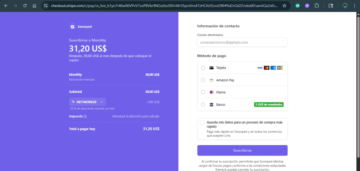 Swooped promo code screenshot showing code NETWORK20 applied at Swooped checkout page. Uploaded by SimplyCodes community member xAngel on Jul 25, 2025
