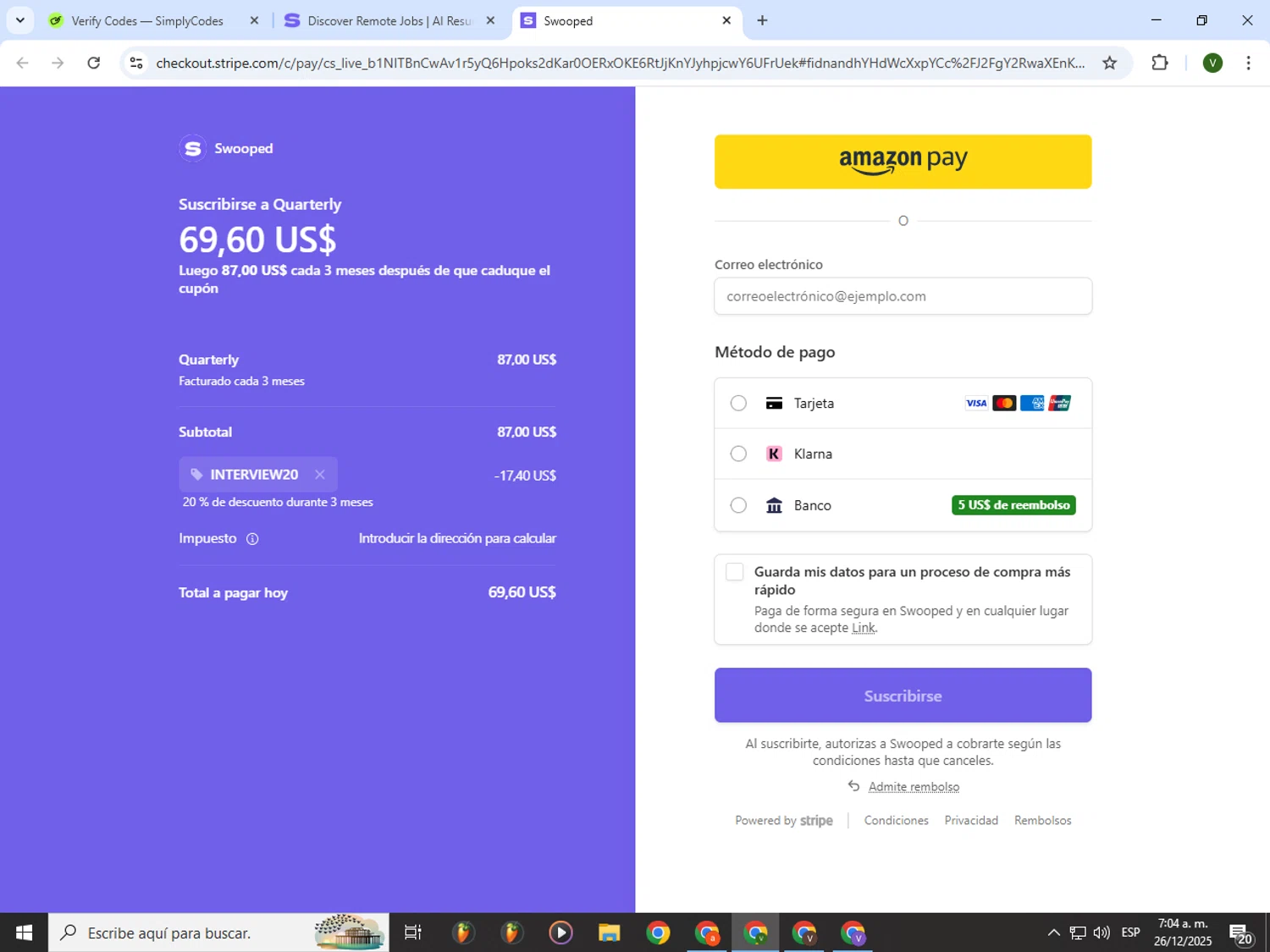 Swooped promo code screenshot showing code INTERVIEW20 applied at Swooped checkout page. Uploaded by SimplyCodes community member PrimeWizard4168 on Dec 26, 2025