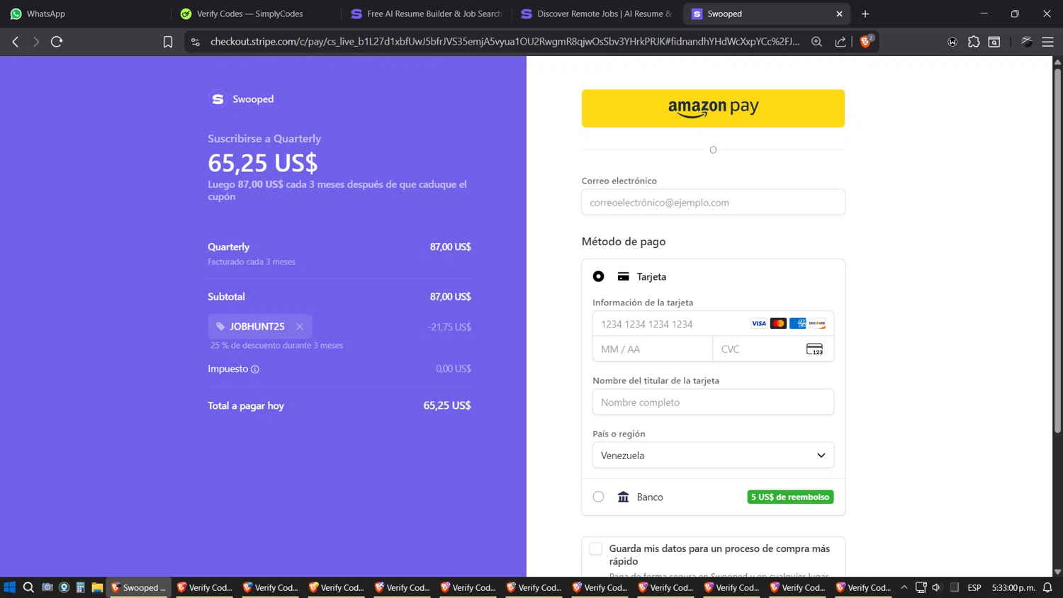Swooped promo code screenshot showing code jobhunt25 applied at Swooped checkout page. Uploaded by SimplyCodes community member SimplyGOAT on Oct 10, 2025