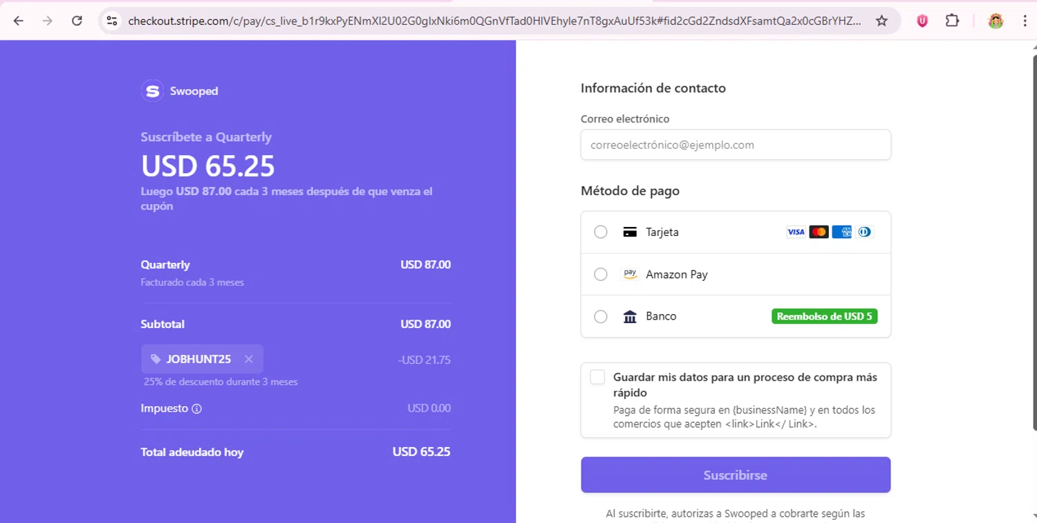 Swooped promo code screenshot showing code jobhunt25 applied at Swooped checkout page. Uploaded by SimplyCodes community member laurachirinos on Sep 11, 2025