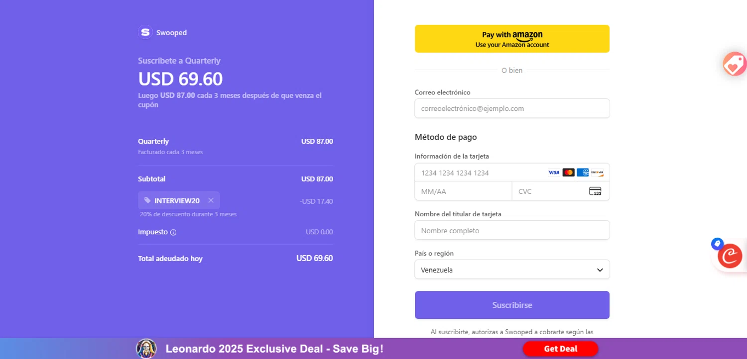 Swooped promo code screenshot showing code INTERVIEW20 applied at Swooped checkout page. Uploaded by SimplyCodes community member ESTHER3121 on Oct 29, 2025