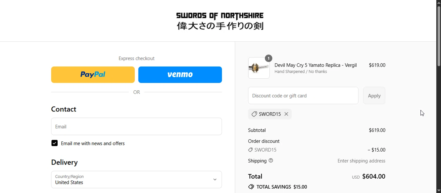 Swords of Northshire discount code screenshot showing code SWORD15 applied at Swords of Northshire checkout page. Uploaded by SimplyCodes community member Enmanuel99 on Sep 14, 2025