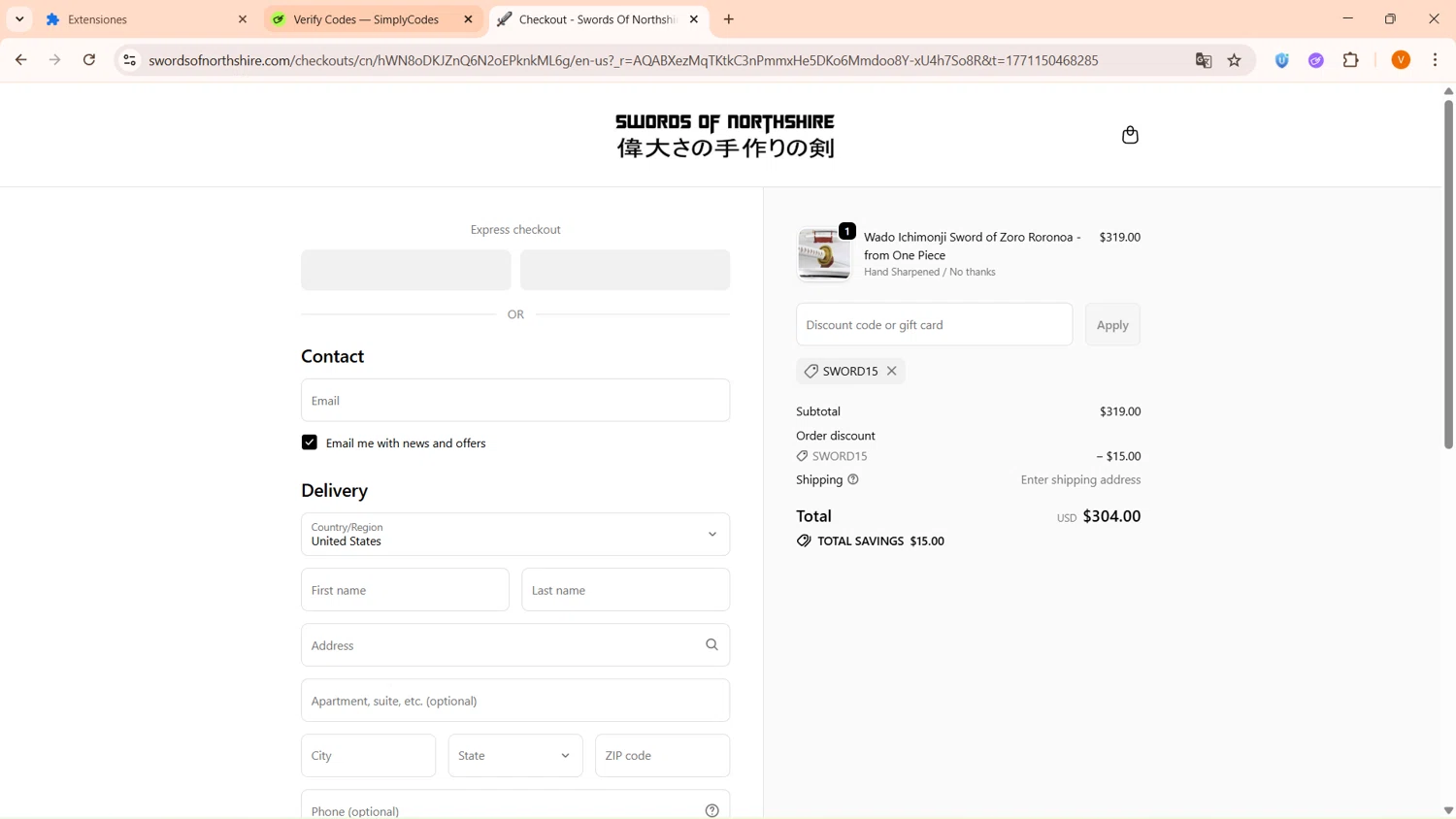 Swords of Northshire discount code screenshot showing code SWORD15 applied at Swords of Northshire checkout page. Uploaded by SimplyCodes community member FortunateFinder9465 on Feb 15, 2026