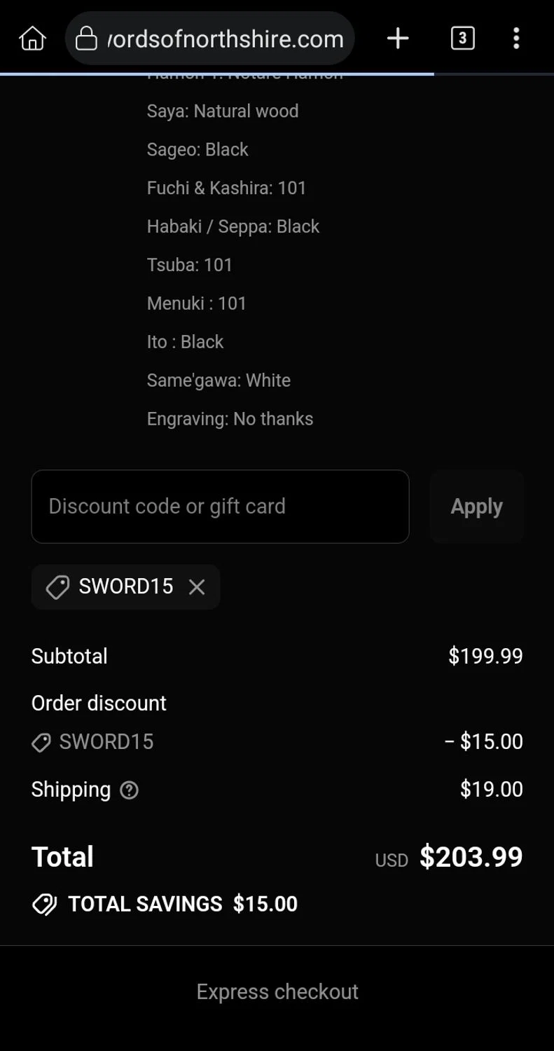 Swords of Northshire discount code screenshot showing code SWORD15 applied at Swords of Northshire checkout page. Uploaded by SimplyCodes community member Sukuna_ on Aug 28, 2025