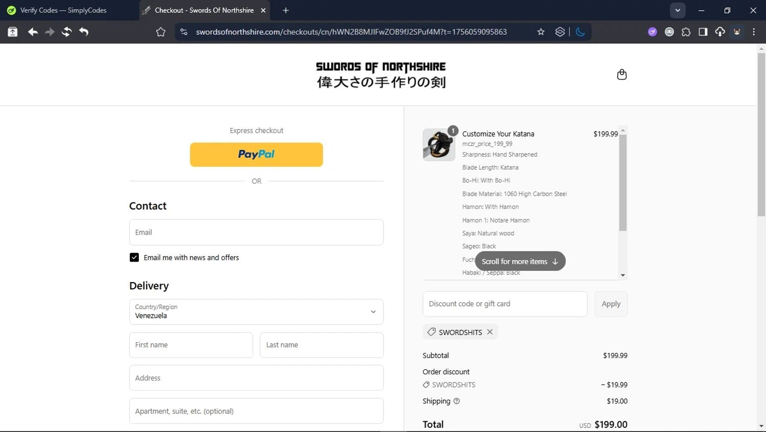 Swords of Northshire discount code screenshot showing code Swordshits applied at Swords of Northshire checkout page. Uploaded by SimplyCodes community member BrilliantTitan6909 on Aug 24, 2025