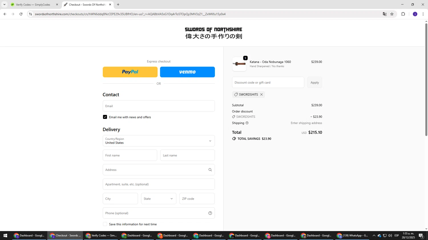 Swords of Northshire discount code screenshot showing code Swordshits applied at Swords of Northshire checkout page. Uploaded by SimplyCodes community member simplycodesssss on Dec 20, 2025