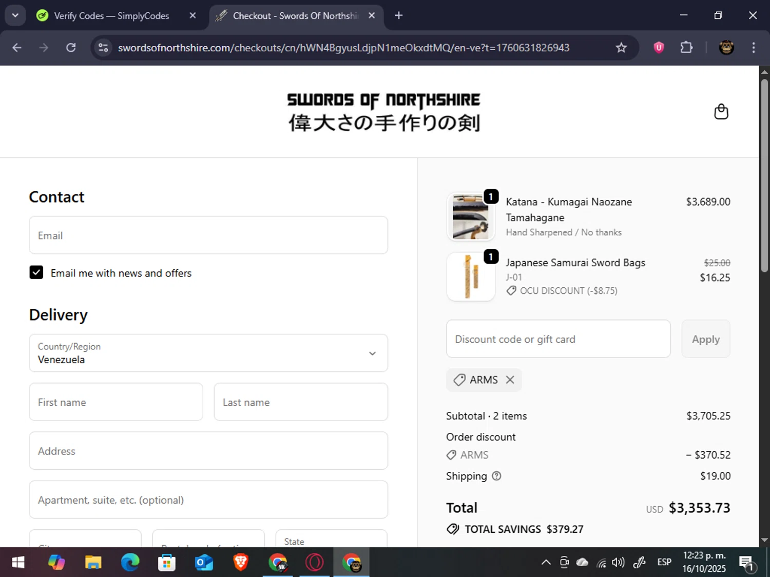 Swords of Northshire discount code screenshot showing code ARMS applied at Swords of Northshire checkout page. Uploaded by SimplyCodes community member abrahanv on Oct 16, 2025