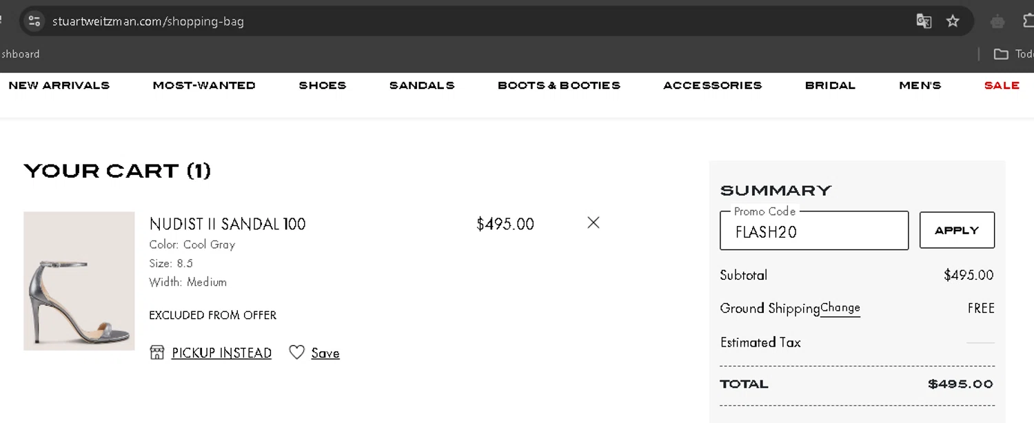 Stuart Weitzman Outlet promo code screenshot showing code FLASH20 applied at Stuart Weitzman Outlet checkout page. Uploaded by SimplyCodes community member AurelioCasillas on Mar 17, 2025