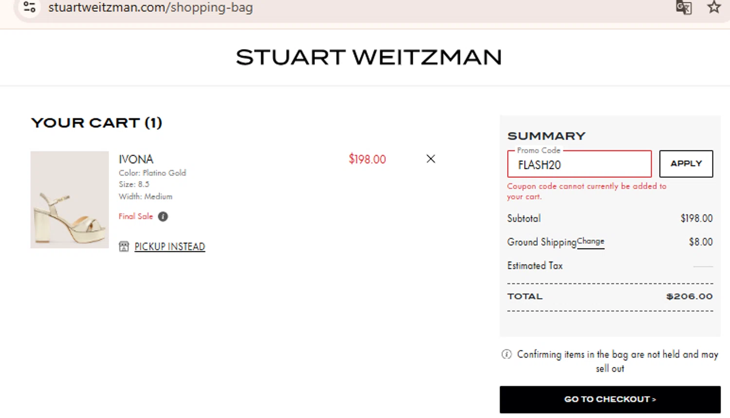 Stuart Weitzman Outlet promo code screenshot showing code FLASH20 applied at Stuart Weitzman Outlet checkout page. Uploaded by SimplyCodes community member BudgetLion5814 on Mar 17, 2025
