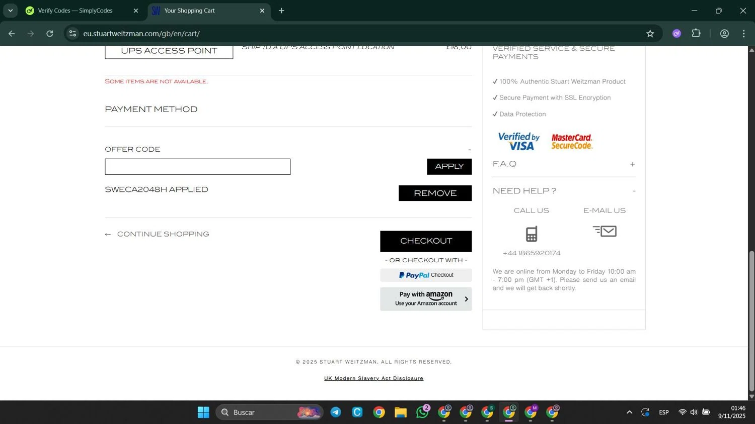 Stuart Weitzman Outlet promo code screenshot showing code SWECA2048H applied at Stuart Weitzman Outlet checkout page. Uploaded by SimplyCodes community member LuckyElite8069 on Nov 9, 2025