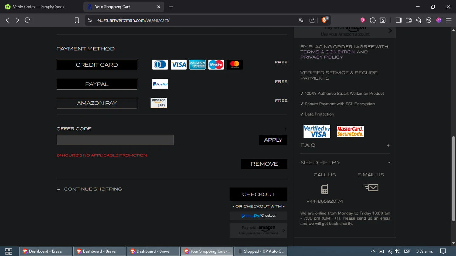 Stuart Weitzman Outlet promo code screenshot showing code 24HOURS15 applied at Stuart Weitzman Outlet checkout page. Uploaded by SimplyCodes community member Waynesmith on Oct 2, 2025