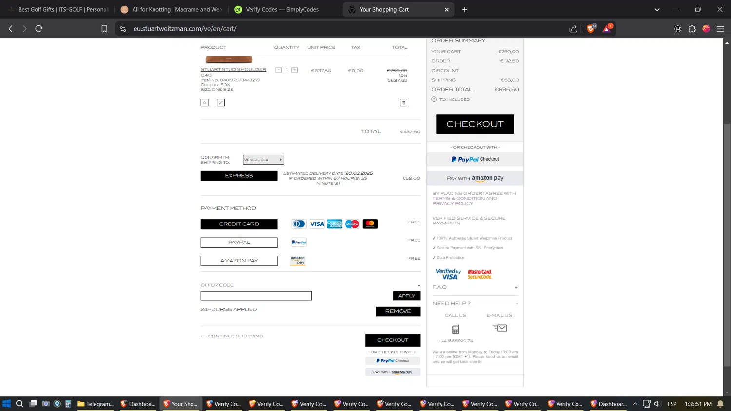 Stuart Weitzman Outlet promo code screenshot showing code 24HOURS15 applied at Stuart Weitzman Outlet checkout page. Uploaded by SimplyCodes community member verifier_983798000 on Mar 14, 2025