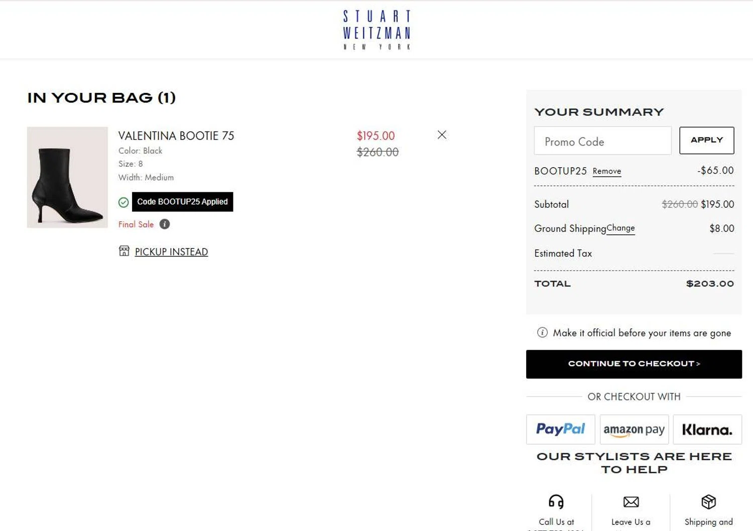 Stuart Weitzman Outlet promo code screenshot showing code BOOTUP25 applied at Stuart Weitzman Outlet checkout page. Uploaded by SimplyCodes community member stygian1 on Sep 24, 2025